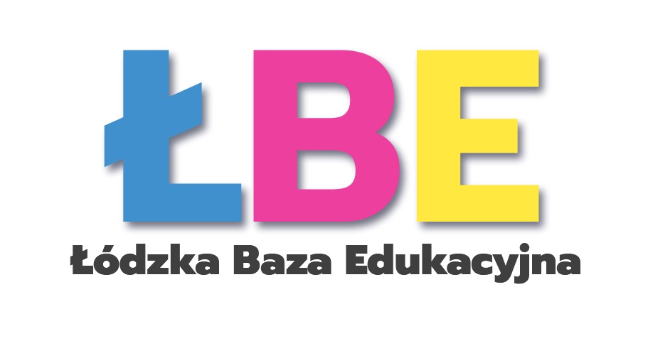 Grafika przedstawiająca skrót ŁBE, oznaczający Łódzką Bazę Edukacyjną. Kolorowe litery na białym tle