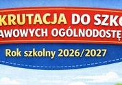 Grafika w formie plakatu informująca o terminach i zasadach zapisu dzieci do szkół podstawowych ogólnodostępnych na rok szkolny 2026/2027
