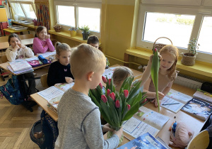 Chłopcy rozdają tulipany dziewczynkom.