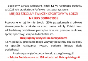 Grafika przedstawiająca informacje dotyczące sposobu i celu przekazania 1,5 % należnego podatku za rok 2023 na stowarzyszenie Miejski Szkolny Związek Sportowy w Łodzi.