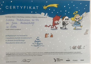 Certyfikat "Nie o smsie lecz o kartce pamiętaj" przyznany Szkole Podstawowej numer 174 w Łodzi za wzięcie udziału w projekcie polegającym na tworzeniu i wysyłaniu kartek świątecznych w okresie Bożego Narodzenia 2022 roku.
