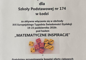 Dokument z napisem podziękowanie dla Szkoły Podstawowej nr 174 im Jana Machulskiego w Łodzi za aktywne włączenie się w obchody w XVI Europejskiego Tygodnia Świadomości Dysleksji.