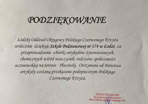 Dokument z napisem podziękowanie za udział w zbiórce artykułów żywnościowych, chemicznych w Szkole Podstawowej nr 174 im. Jana Machulskiego. Podpisano Polski Czerwony Krzyż