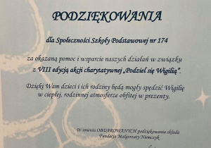 Podziękowania za udział w akacji "Podziel się Wigilią" dla Szkoły Podstawowej nr 174 im. Jana Machulskiego w Łodzi.