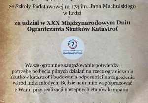 Podziękowanie za udział w XXX Międzynarodowym Dniu Ograniczania Skutków Katastrof dla Szkoły Podstawowej nr 174 im. Jana Machulskiego w Łodzi.