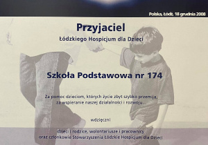 Podziękowanie za współpracę od Łódzkiego Hospicjum dla Dzieci dla Szkoły Podstawowej nr 174 im. Jana Machulskiego w Łodzi.