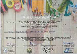 Podziękowania za udział w akcji "100 wyprawek dla polskich dzieci na Kresach" dla Szkoły Podstawowej nr 174 im. Jana Machulskiego w Łodzi.