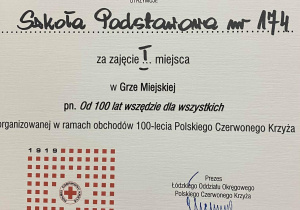Dyplom za zajęcie pierwszego miejsca w Grze Miejskiej przyznany Szkole Podstawowej numer 174 w Łodzi.